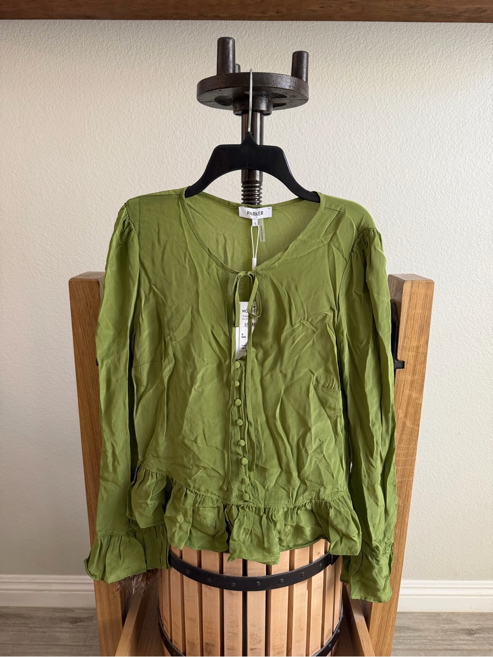 Parker Olive Green Tie-Neck Ruffle Hem Blouse